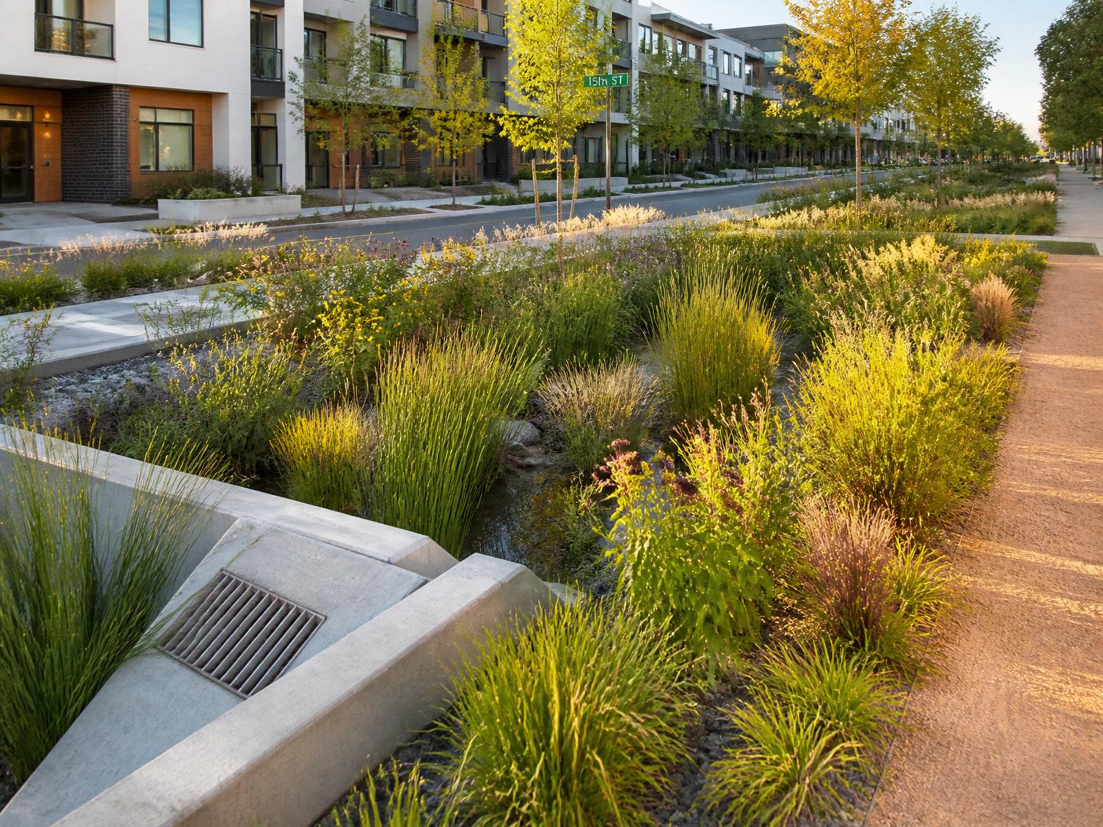 Planted urban bioretention basin in a mixed-use neighborhood, representative imagery