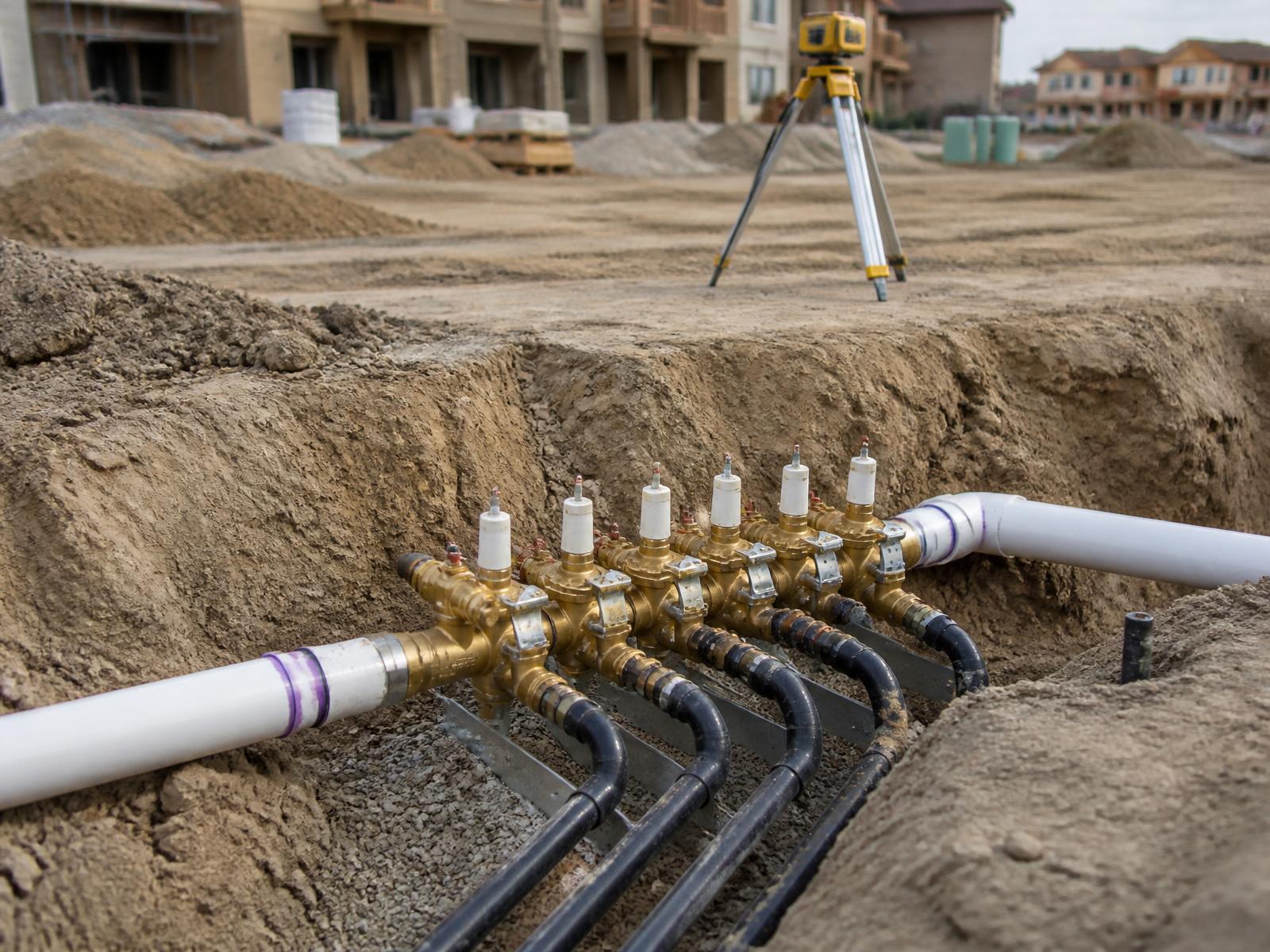 Commercial-scale irrigation mainline and brass valve manifold on a new development, representative imagery