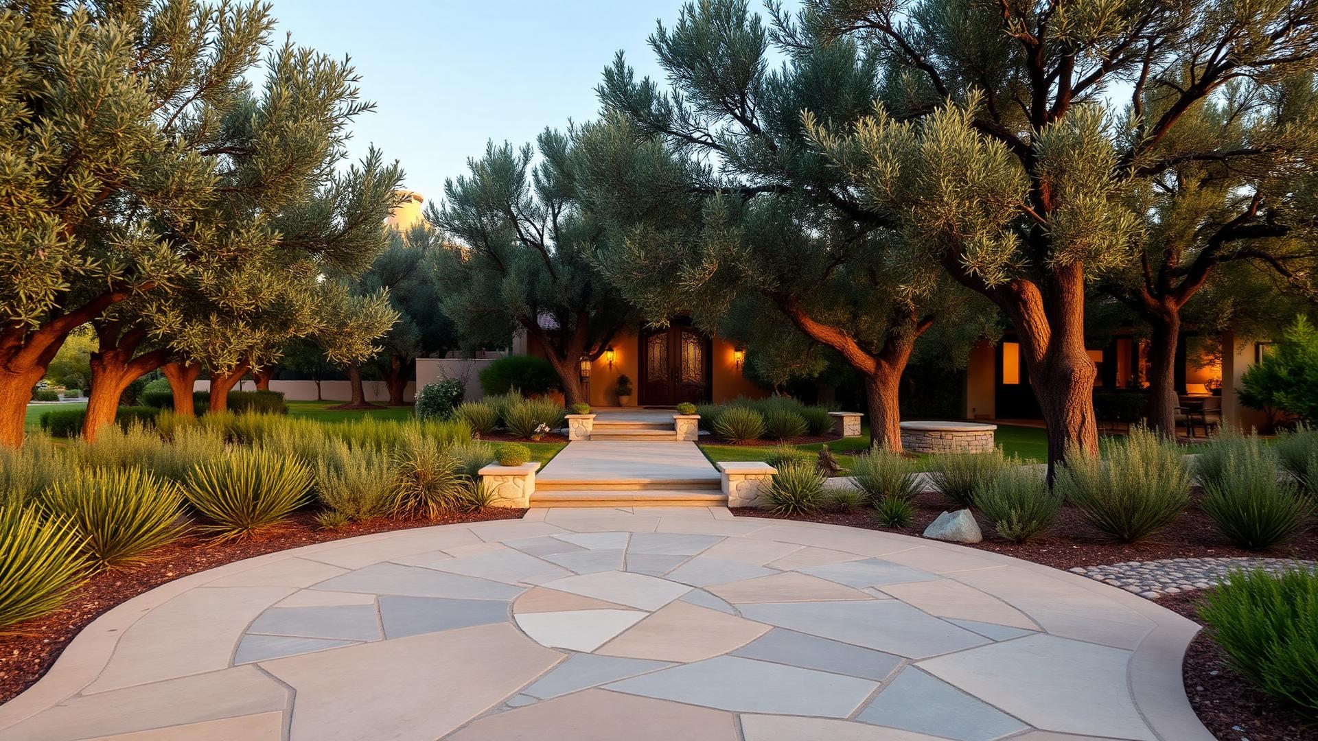 Southern California estate landscape at golden hour, representative imagery