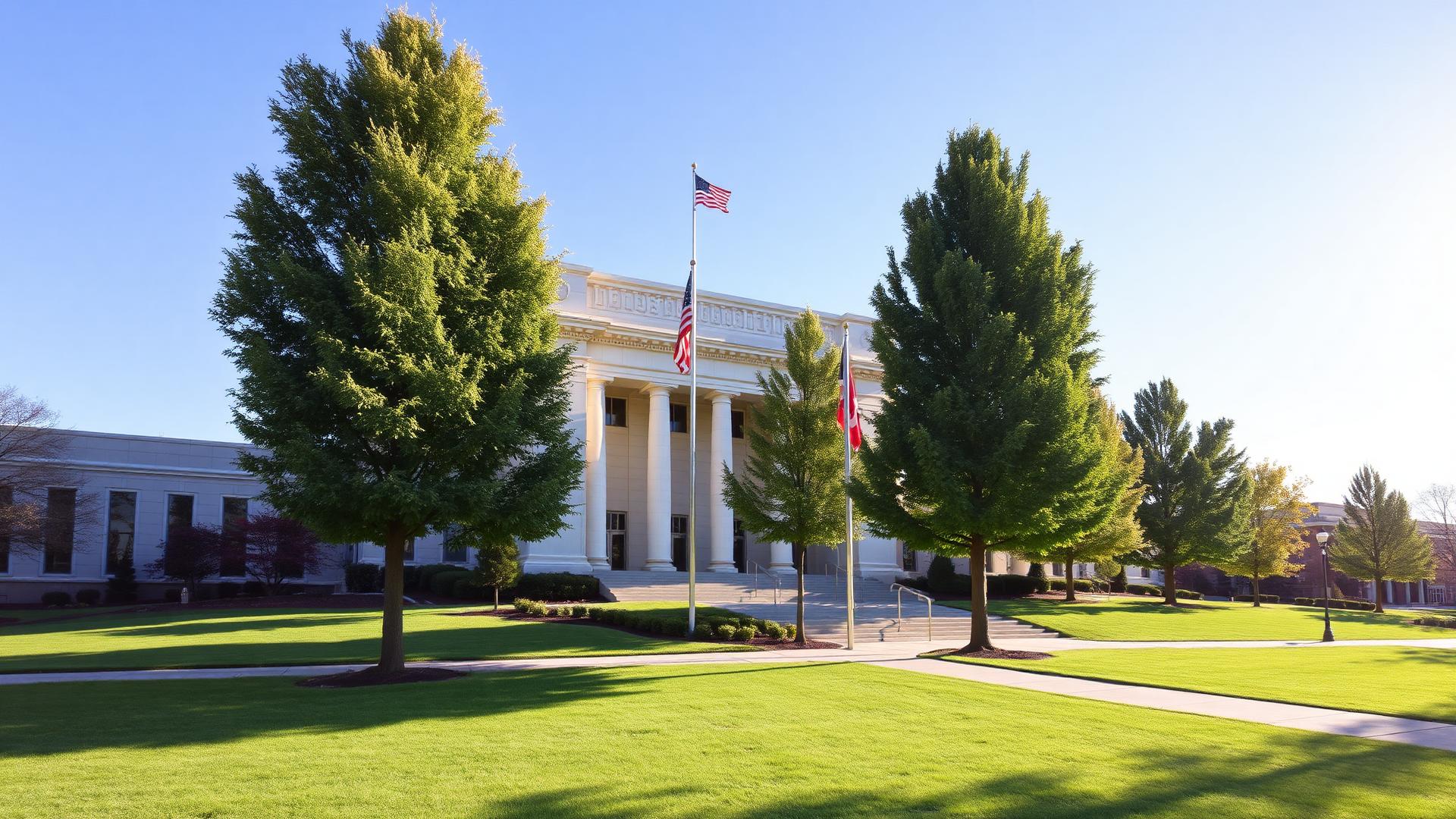 Institutional civic landscape with mature trees and structured planting, representative imagery